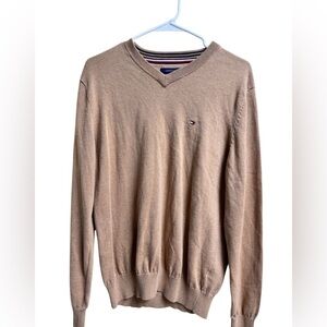 Tommy Hilfiger Men’s V-Neck Sweater Tan Cotton Knit Pullover Medium